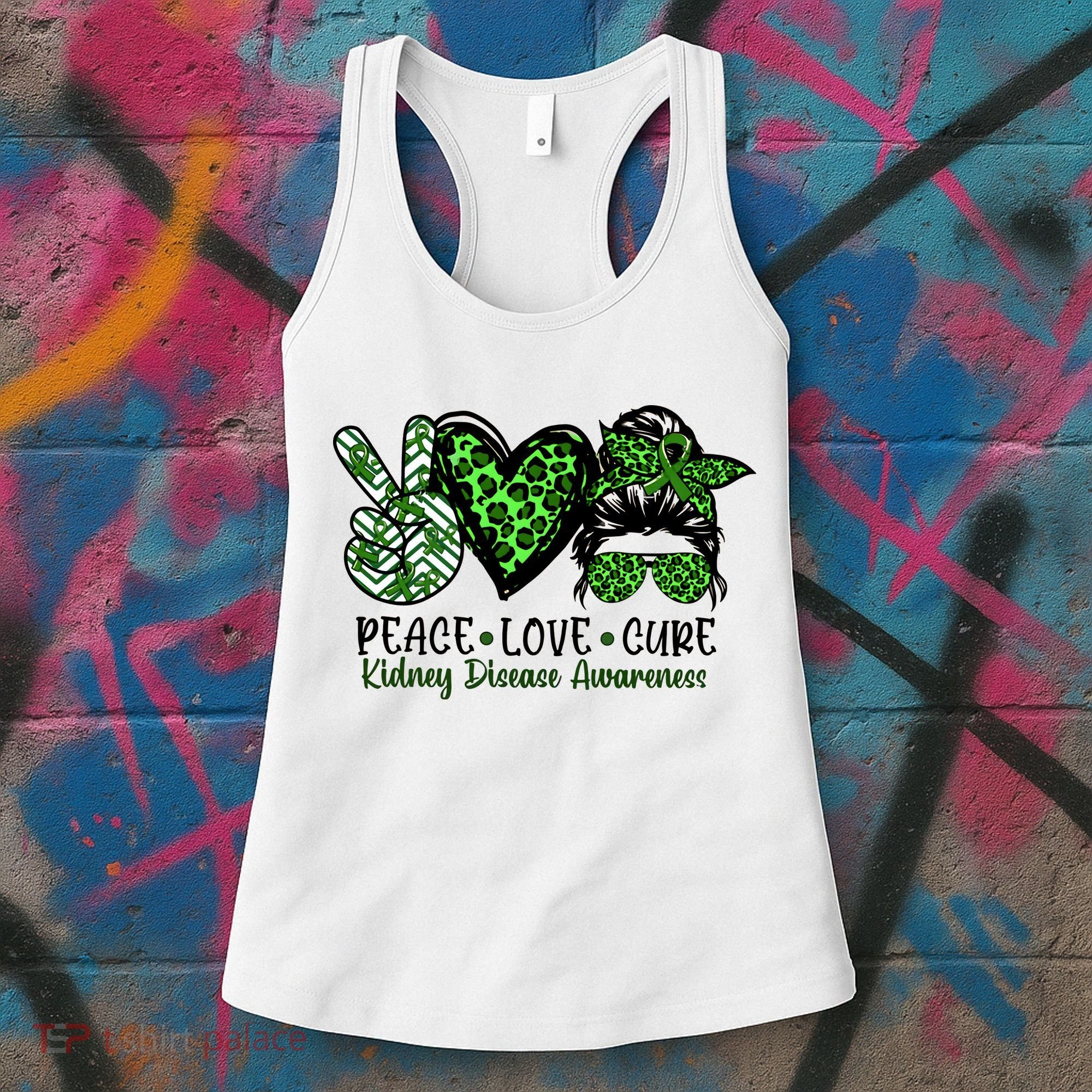 Kidney Disease Awareness Peace Love Cure Green Ribbon Messy Bun Kidney Women's Tank Top
