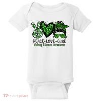 Kidney Disease Awareness Peace Love Cure Green Ribbon Messy Bun Kidney Baby Bodysuit thumb 0