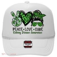 Kidney Disease Awareness Peace Love Cure Green Ribbon Messy Bun Kidney Hat thumb 0