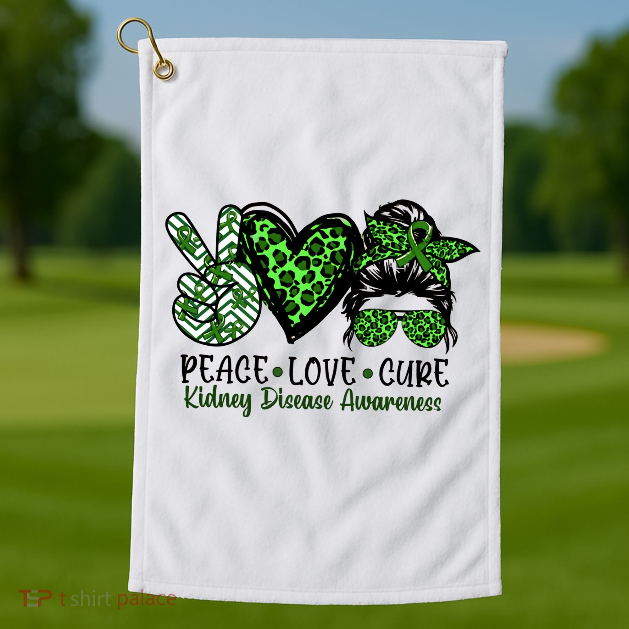 Kidney Disease Awareness Peace Love Cure Green Ribbon Messy Bun Kidney Golf Towel
