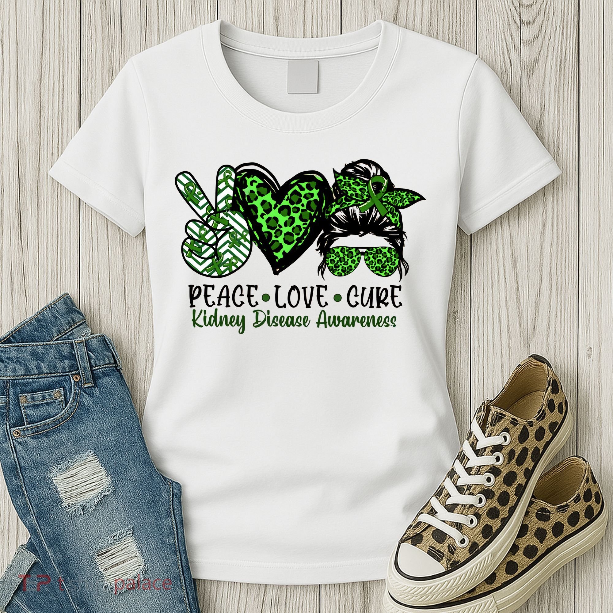 Kidney Disease Awareness Peace Love Cure Green Ribbon Messy Bun Kidney Women's T-Shirt