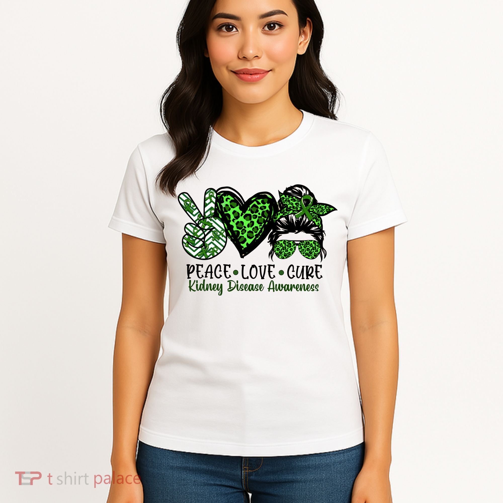 Kidney Disease Awareness Peace Love Cure Green Ribbon Messy Bun Kidney Women's T-Shirt