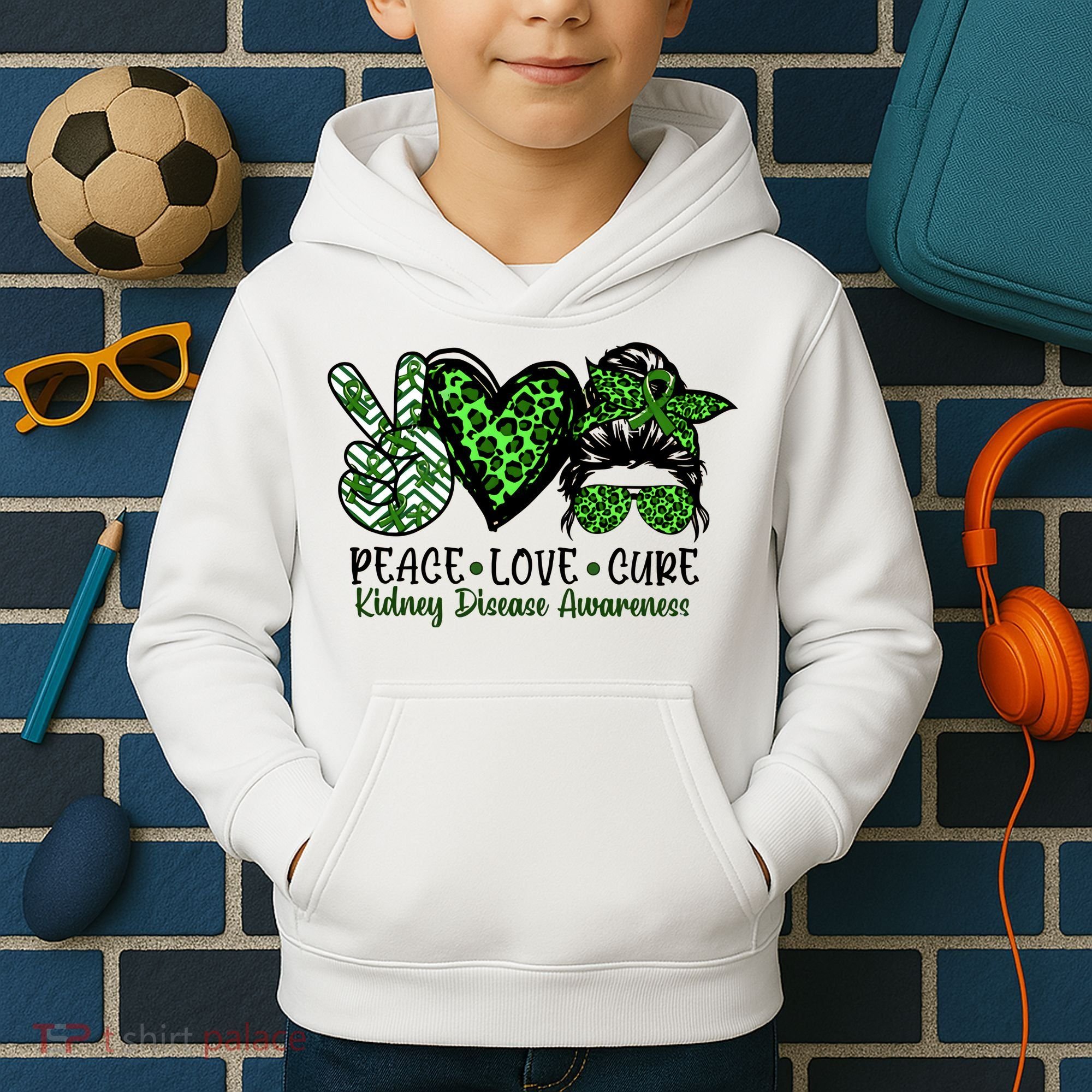 Kidney Disease Awareness Peace Love Cure Green Ribbon Messy Bun Kidney Kids Hoodie