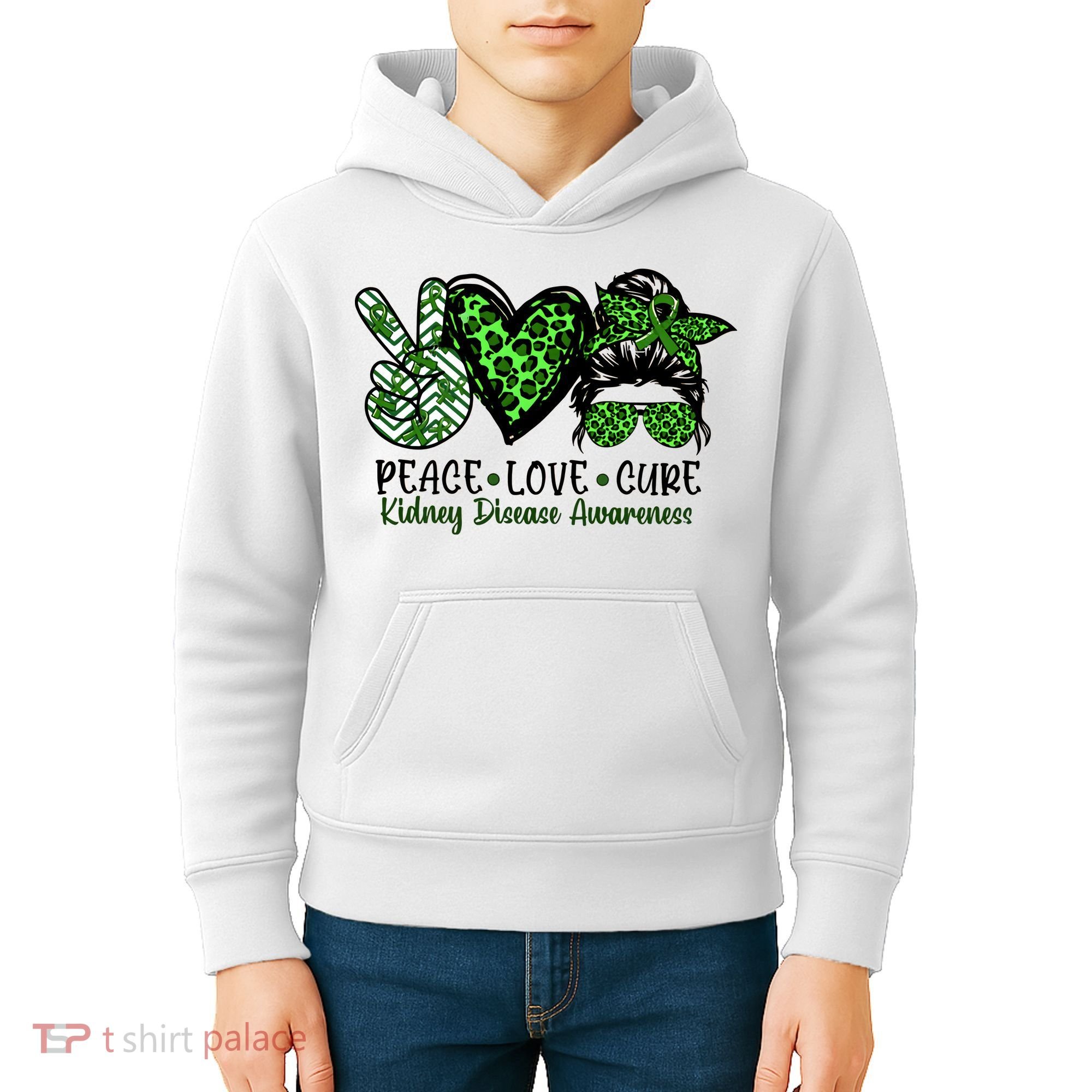 Kidney Disease Awareness Peace Love Cure Green Ribbon Messy Bun Kidney Kids Hoodie