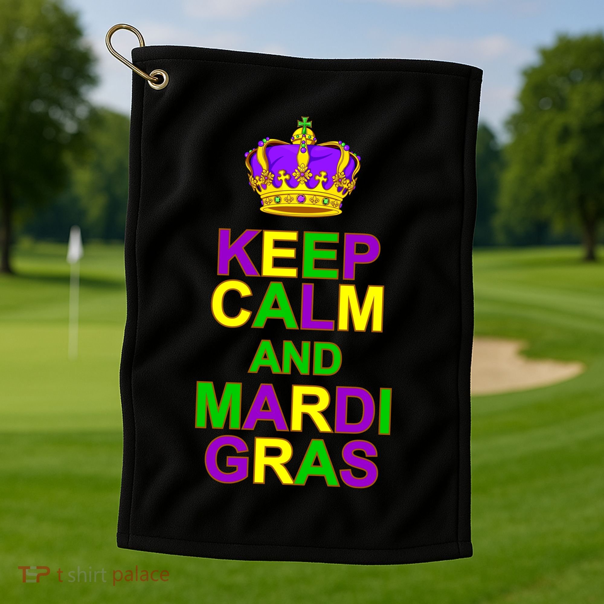 Keep Calm and Mardi Gras Crown New Orleans Golf Towel