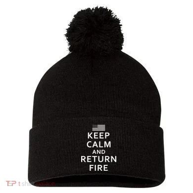 Keep Calm and Return Fire 2nd Amendment Pom Pom 12in Knit Beanie