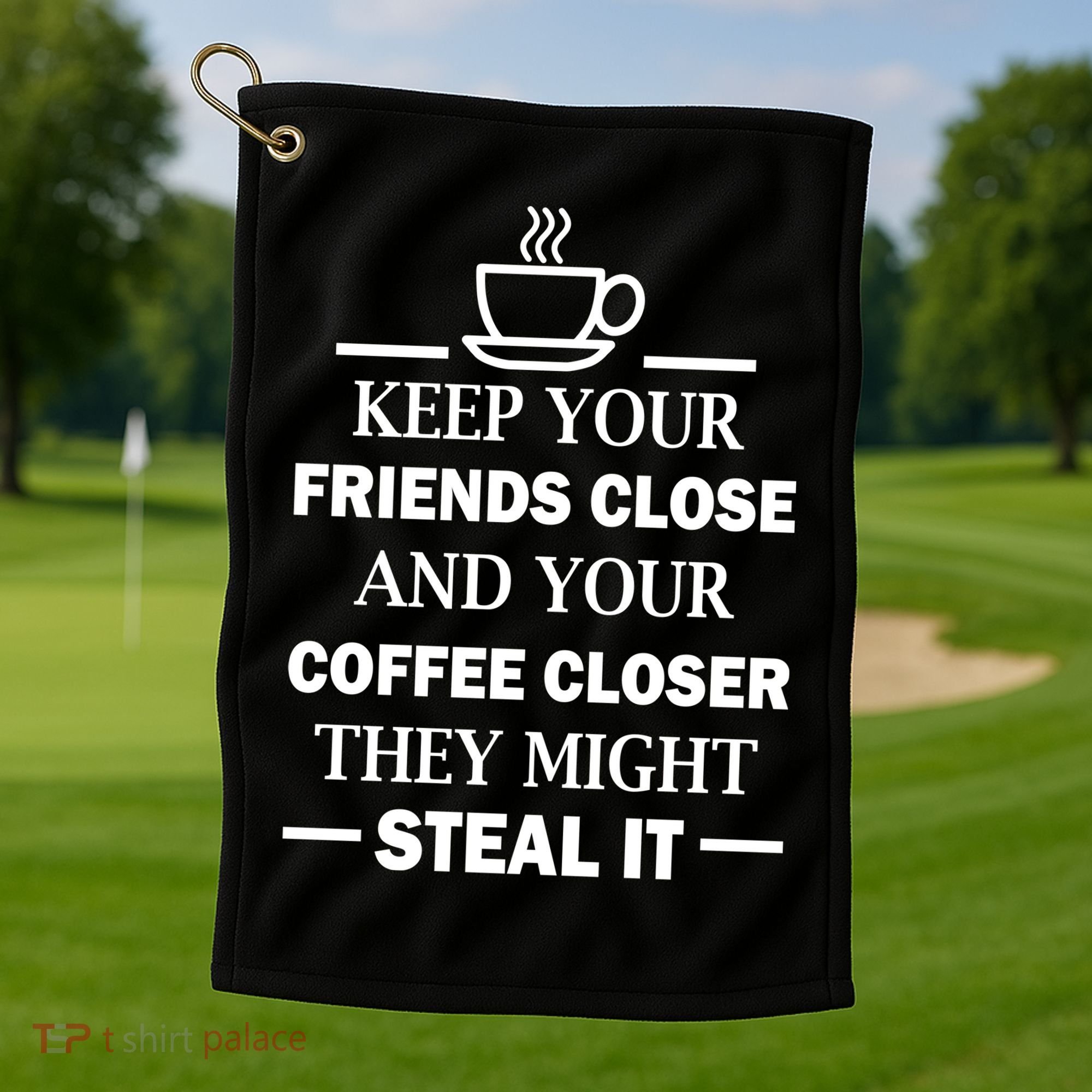 Keep Your Friends Close And Your Coffee Closer Golf Towel