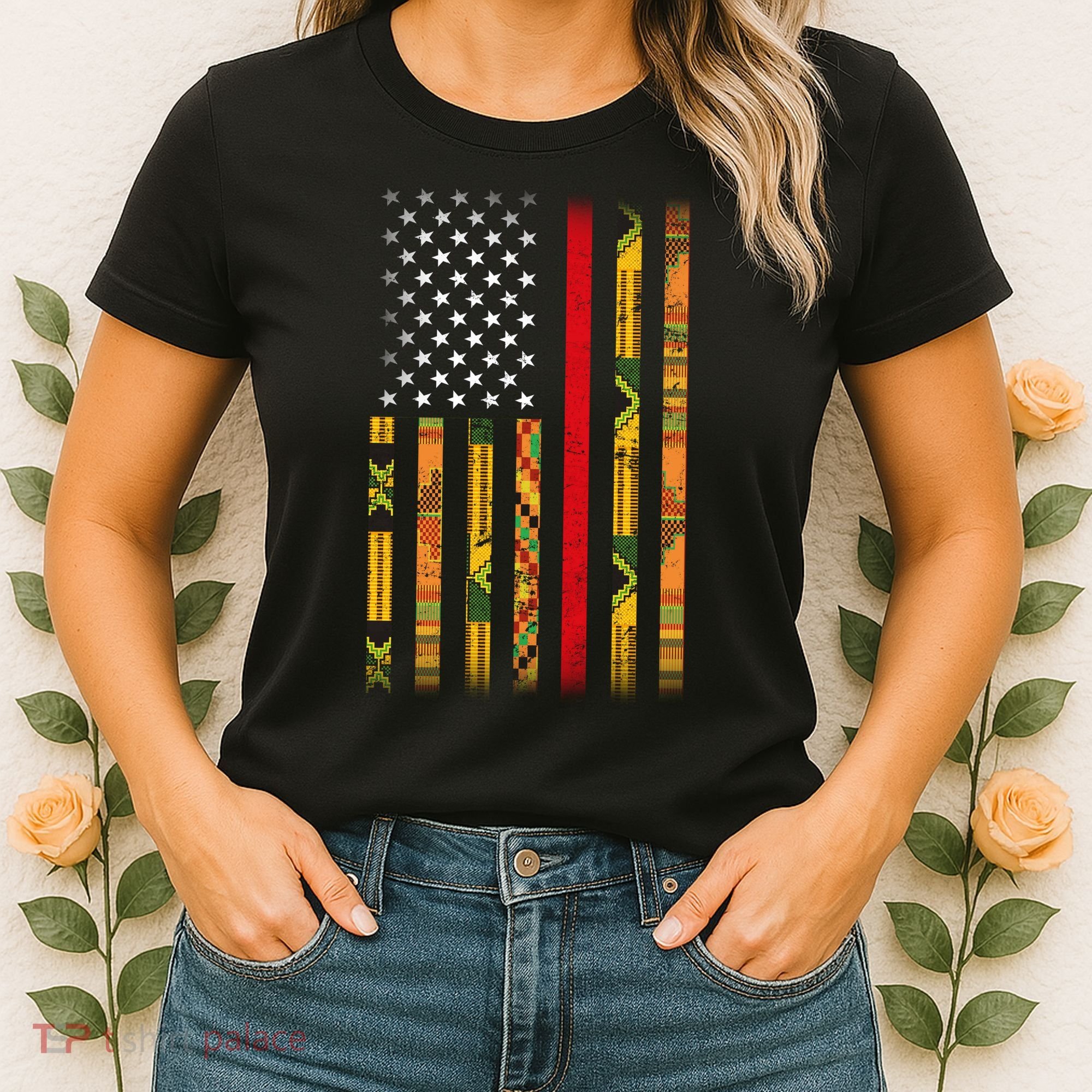 Kente US African American Flag Women's T-Shirt