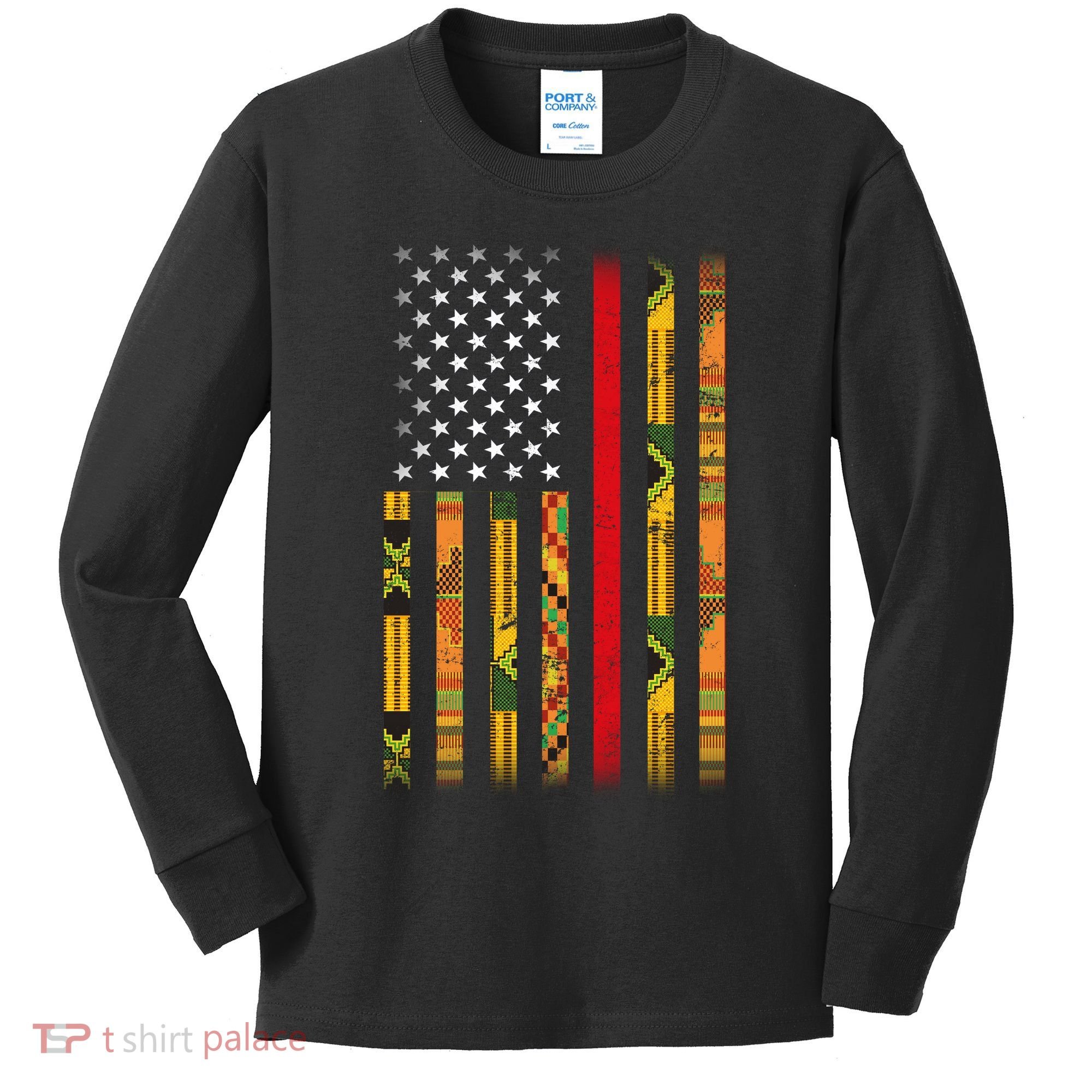 Kente US African American Flag Kids Long Sleeve Shirt