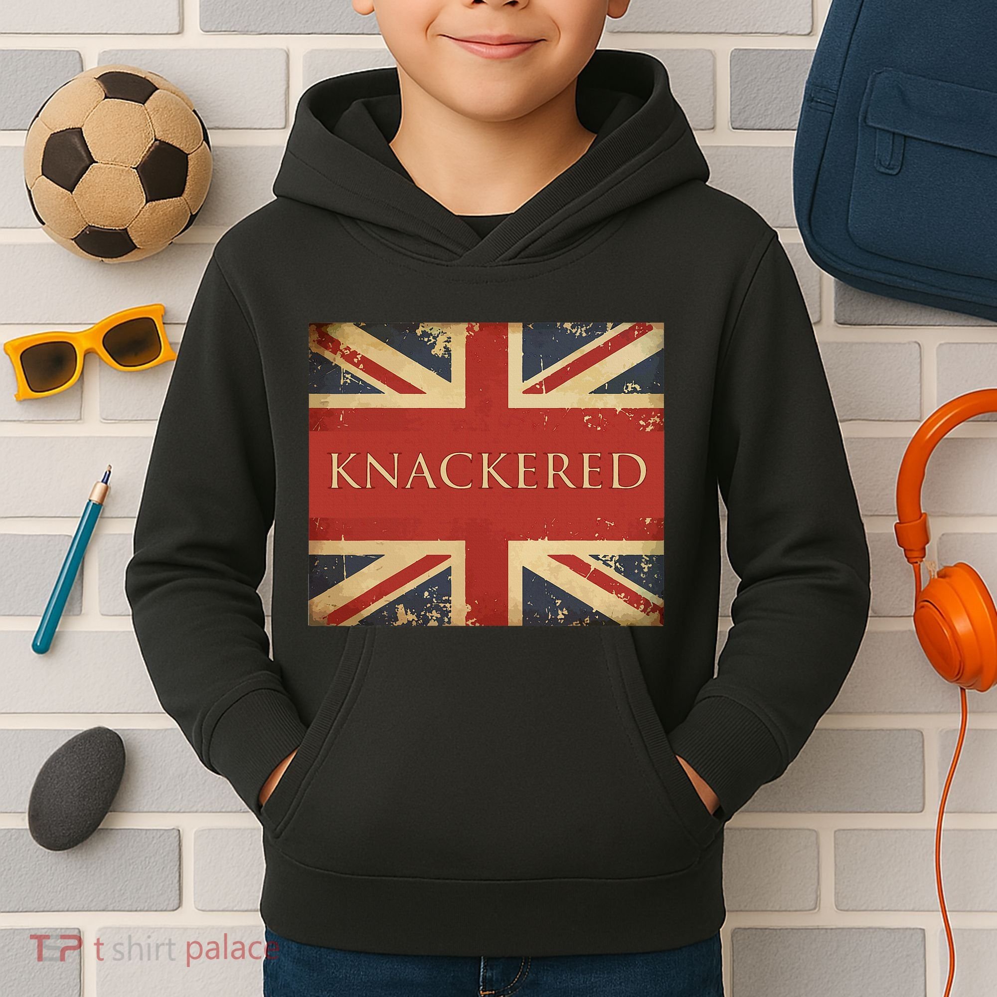 Knackered England Union Jack Flag Uk British Slang Kids Hoodie