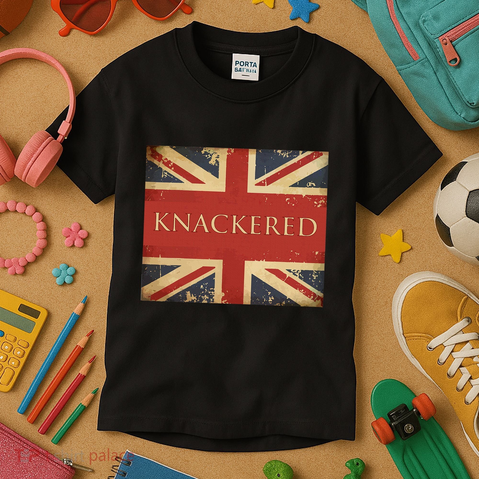 Knackered England Union Jack Flag Uk British Slang Kids T-Shirt