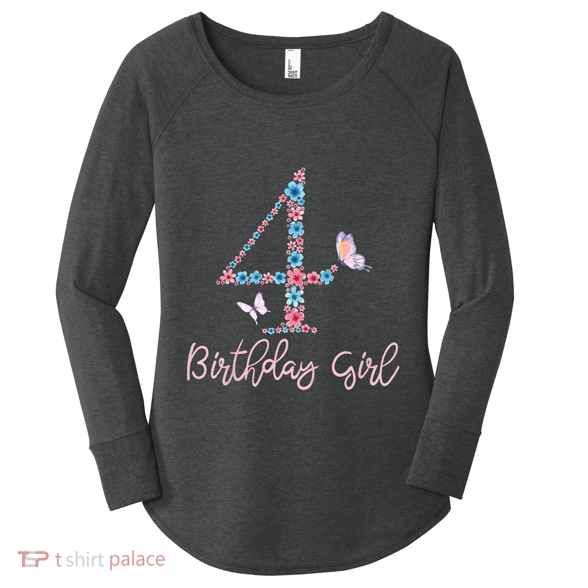 Kids Floral 4th Birthday Butterfly For Women's Perfect Tri Tunic Long Sleeve Shirt