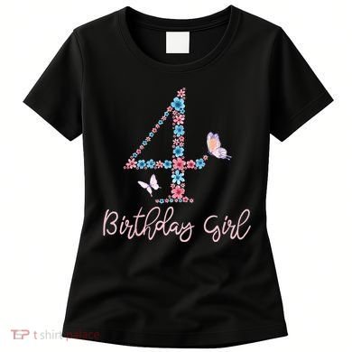 Kids Floral 4th Birthday Butterfly For Women's T-Shirt