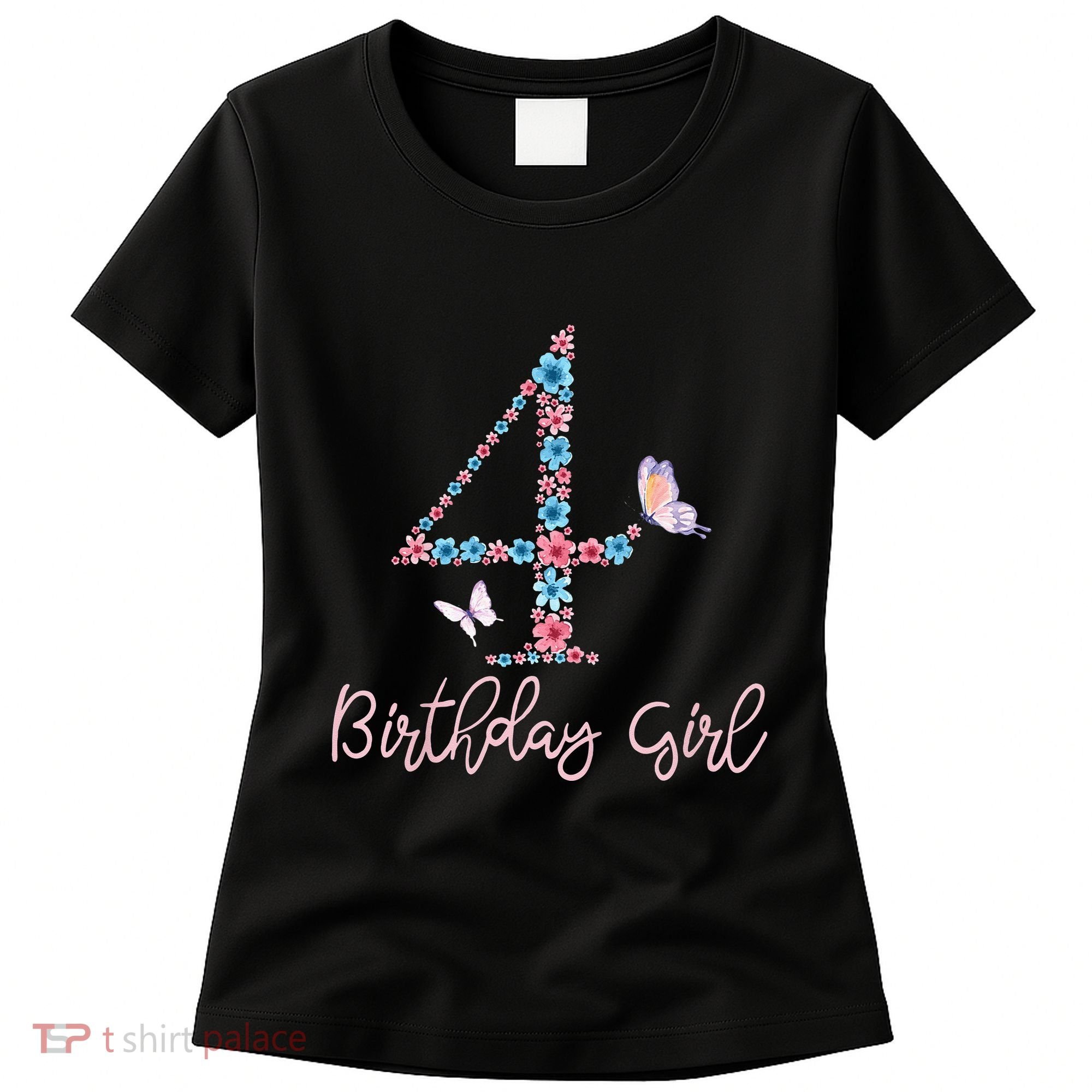 Kids Floral 4th Birthday Butterfly For Women's T-Shirt