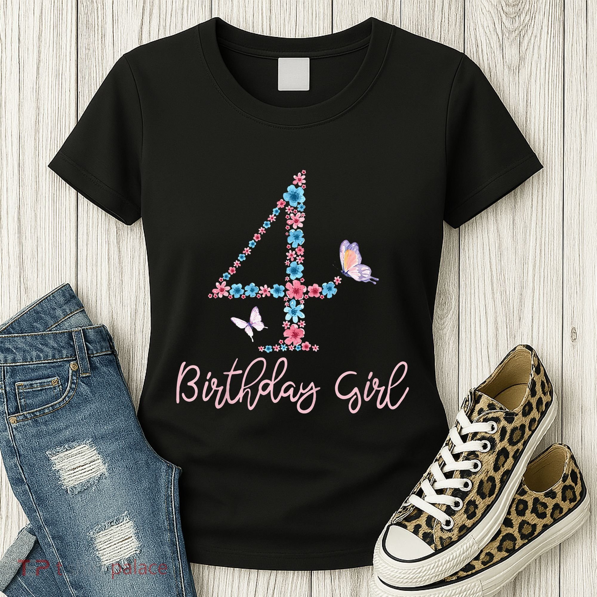 Kids Floral 4th Birthday Butterfly For Women's T-Shirt