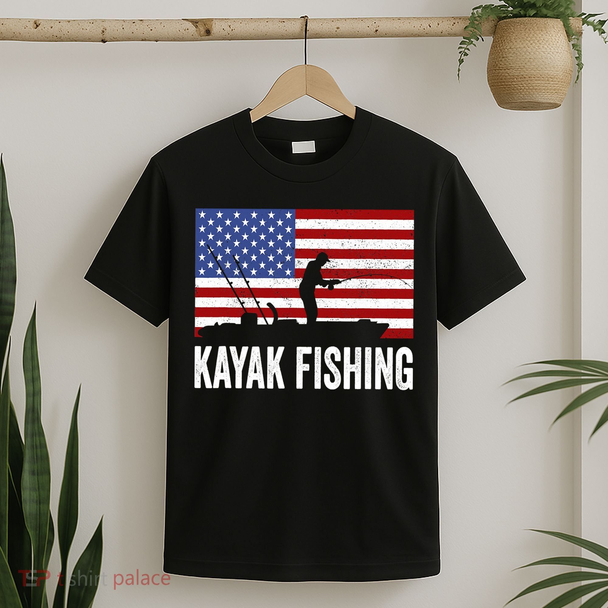 Kayaking Funny American Flag Angler Kayak Fishing T-Shirt