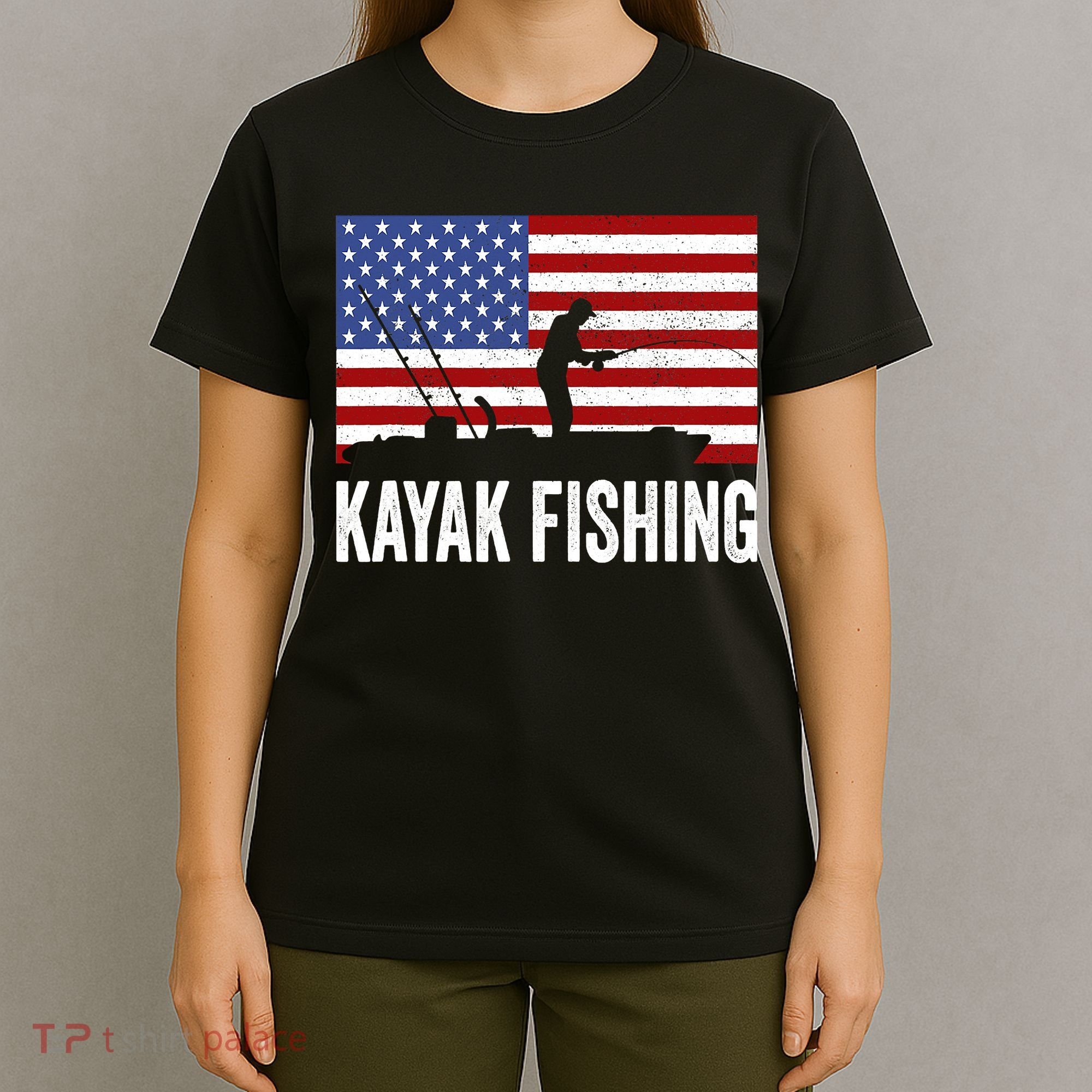 Kayaking Funny American Flag Angler Kayak Fishing T-Shirt