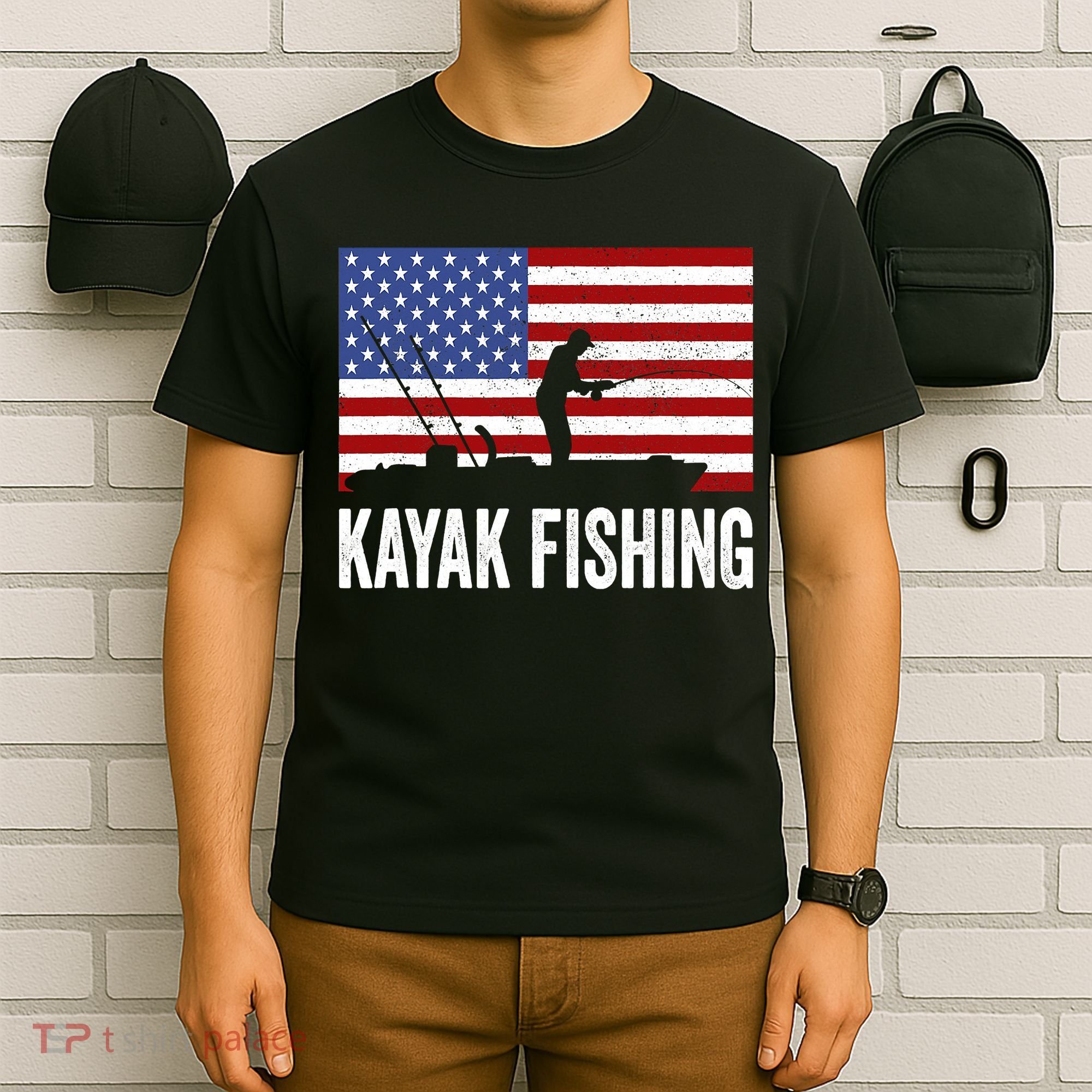 Kayaking Funny American Flag Angler Kayak Fishing T-Shirt