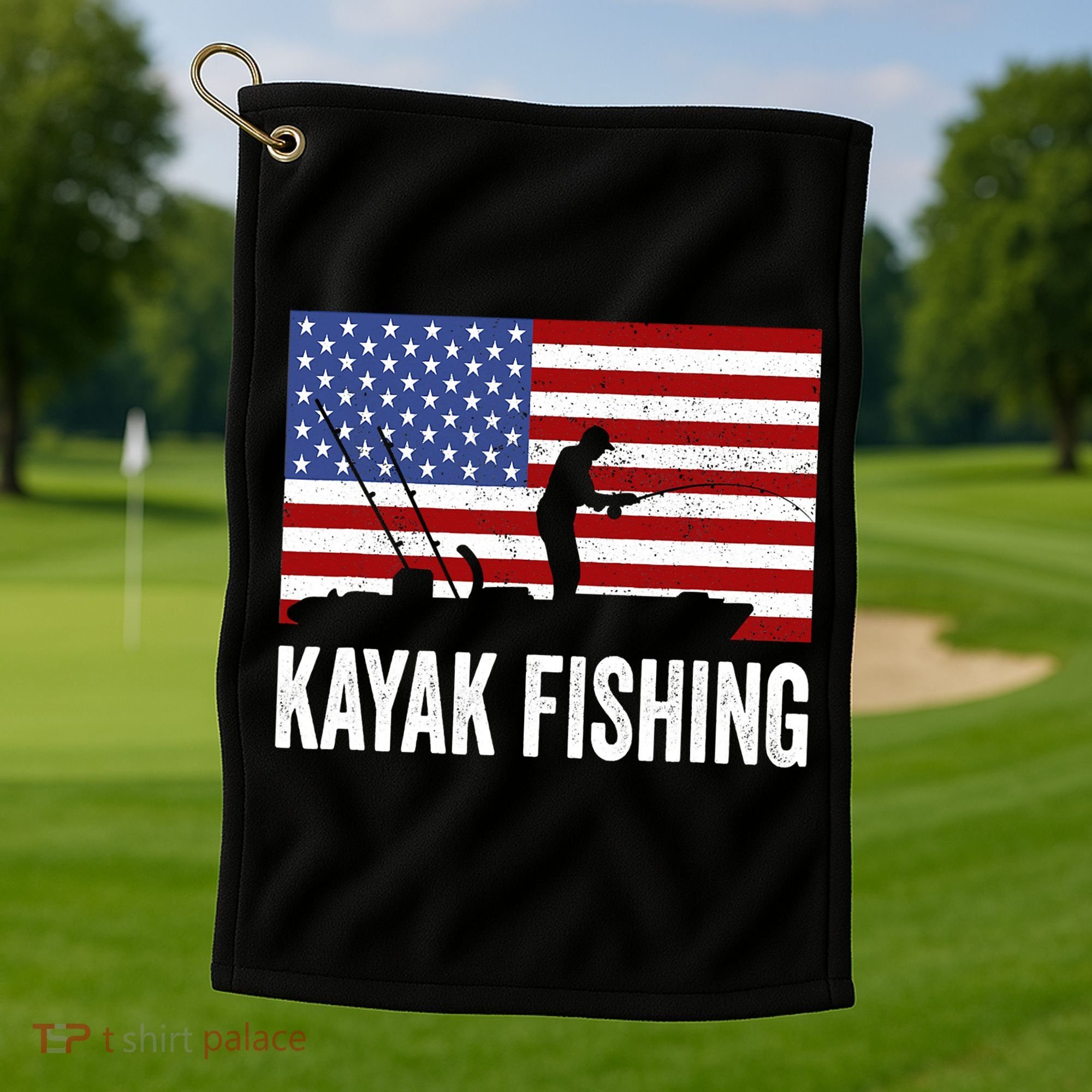Kayaking Funny American Flag Angler Kayak Fishing Golf Towel