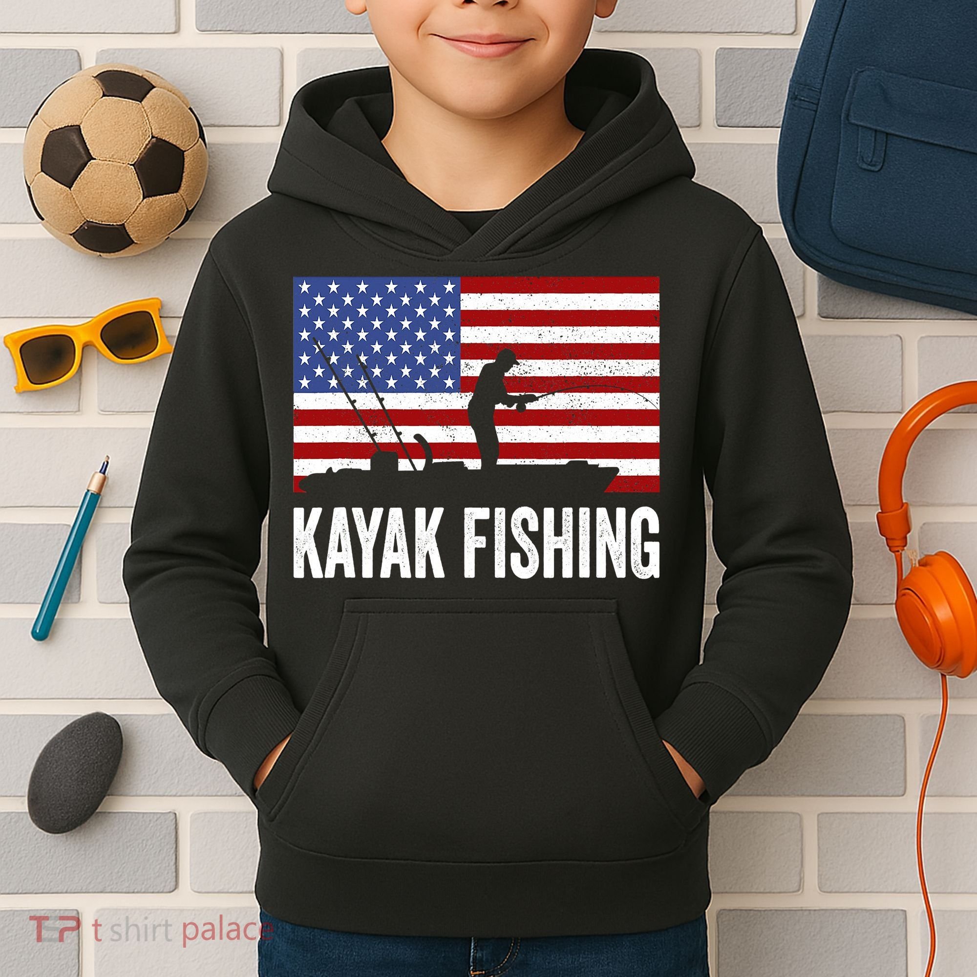 Kayaking Funny American Flag Angler Kayak Fishing Kids Hoodie