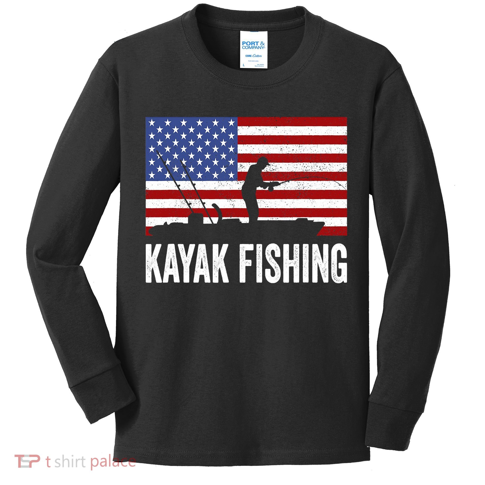 Kayaking Funny American Flag Angler Kayak Fishing Kids Long Sleeve Shirt