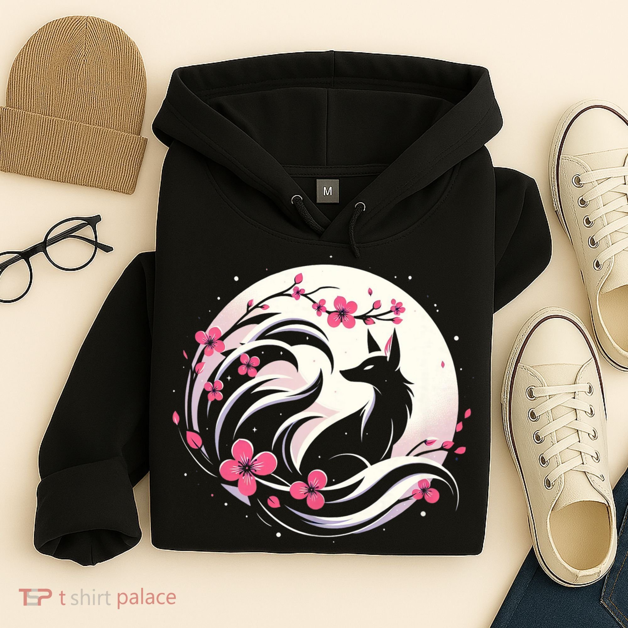 Kitsune Fox Cherry Blossom Flowers Japanese Nine Tailed Fox Hoodie