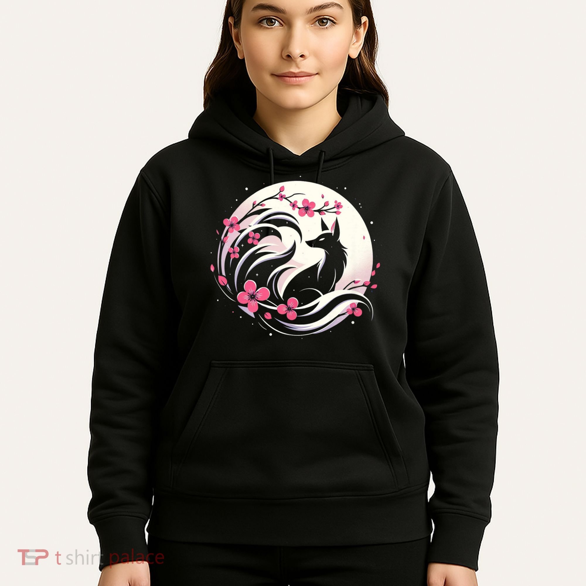 Kitsune Fox Cherry Blossom Flowers Japanese Nine Tailed Fox Hoodie