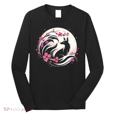 Kitsune Fox Cherry Blossom Flowers Japanese Nine Tailed Fox Long Sleeve Shirt