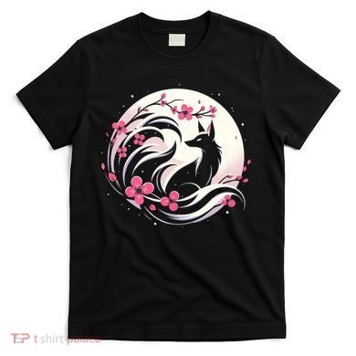Kitsune Fox Cherry Blossom Flowers Japanese Nine Tailed Fox T-Shirt