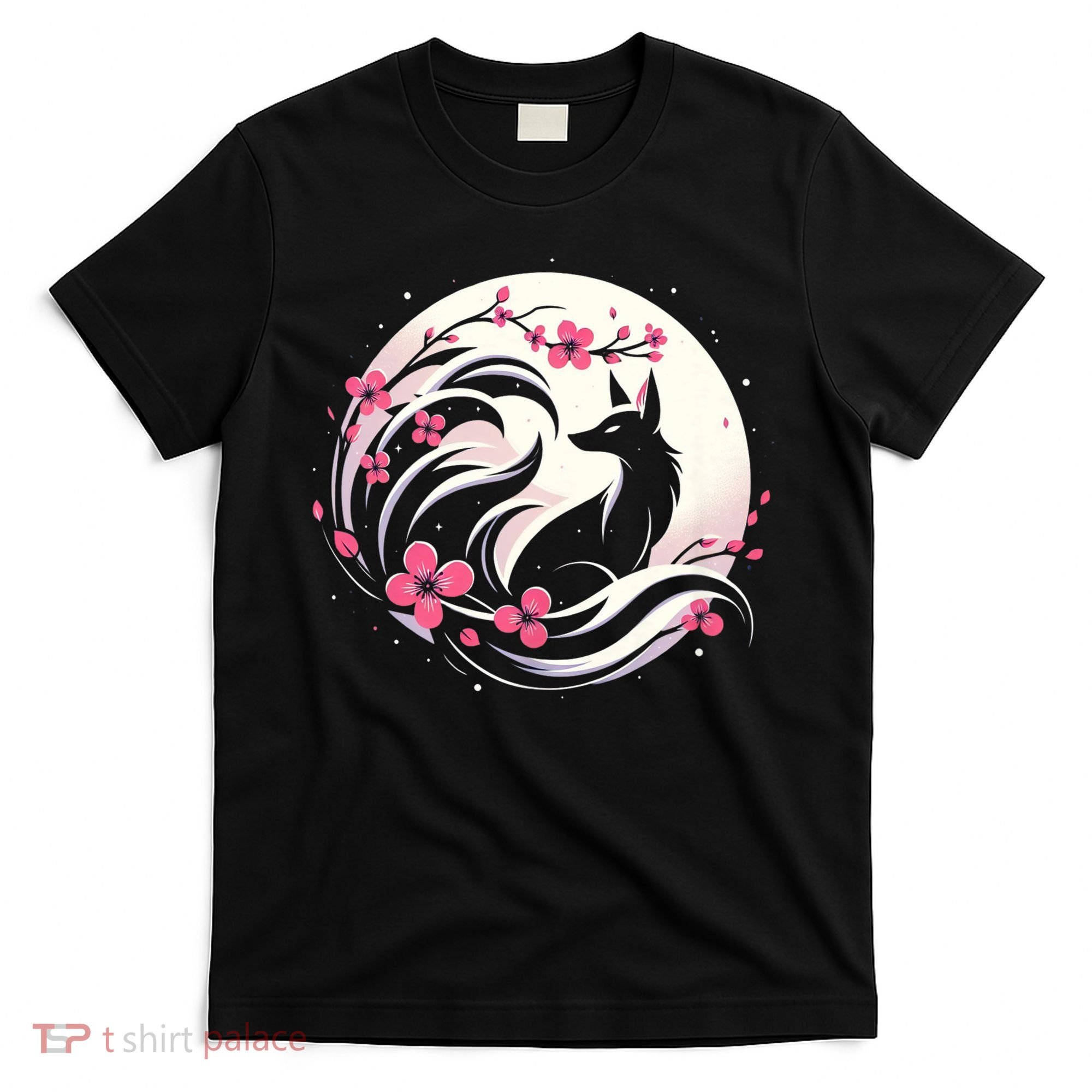 Kitsune Fox Cherry Blossom Flowers Japanese Nine Tailed Fox T-Shirt