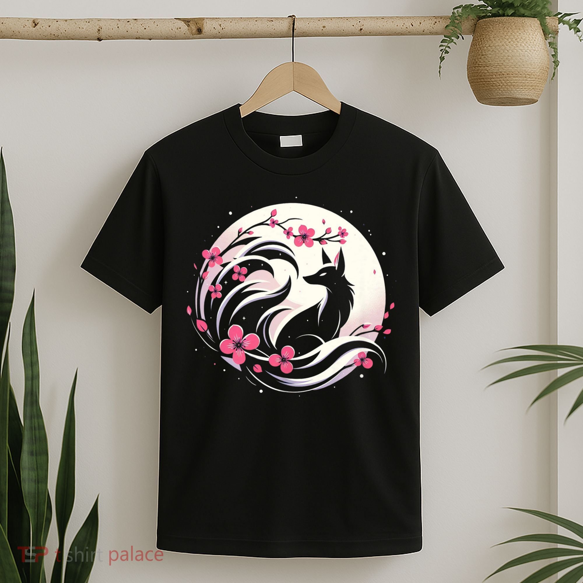 Kitsune Fox Cherry Blossom Flowers Japanese Nine Tailed Fox T-Shirt