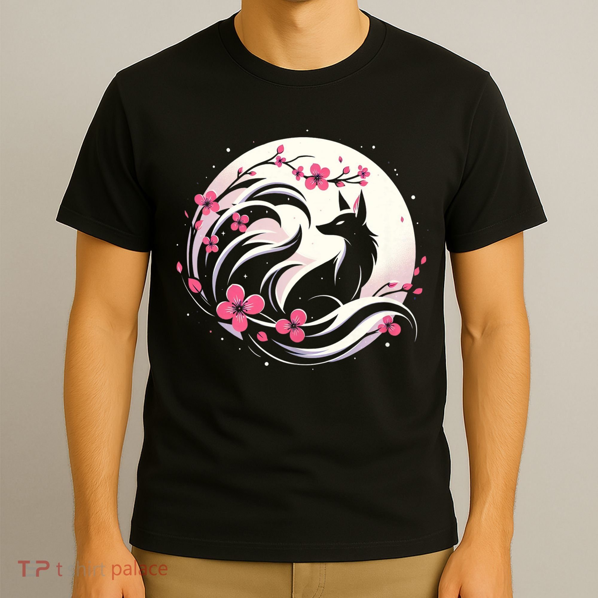 Kitsune Fox Cherry Blossom Flowers Japanese Nine Tailed Fox T-Shirt