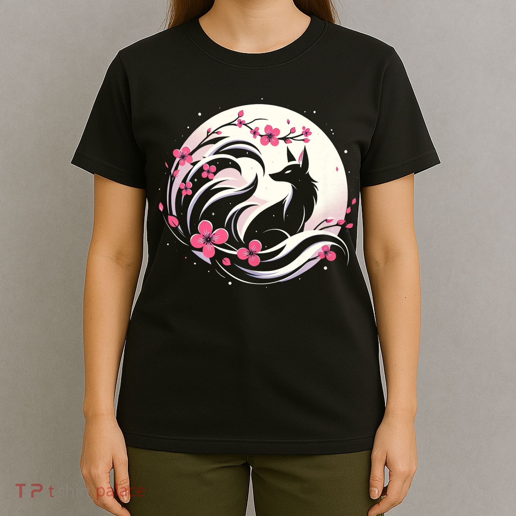 Kitsune Fox Cherry Blossom Flowers Japanese Nine Tailed Fox T-Shirt
