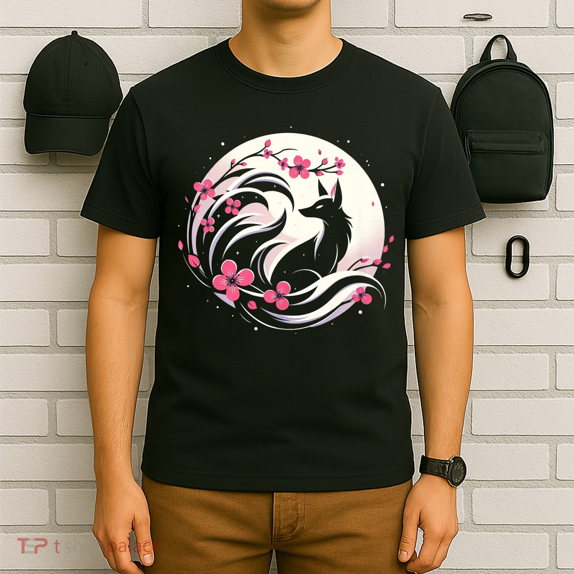 Kitsune Fox Cherry Blossom Flowers Japanese Nine Tailed Fox T-Shirt