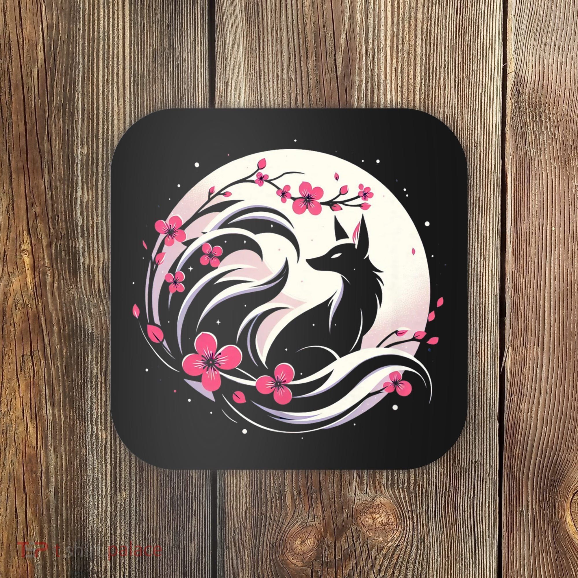 Kitsune Fox Cherry Blossom Flowers Japanese Nine Tailed Fox Coaster