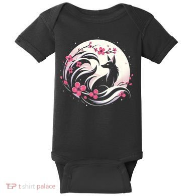 Kitsune Fox Cherry Blossom Flowers Japanese Nine Tailed Fox Baby Bodysuit