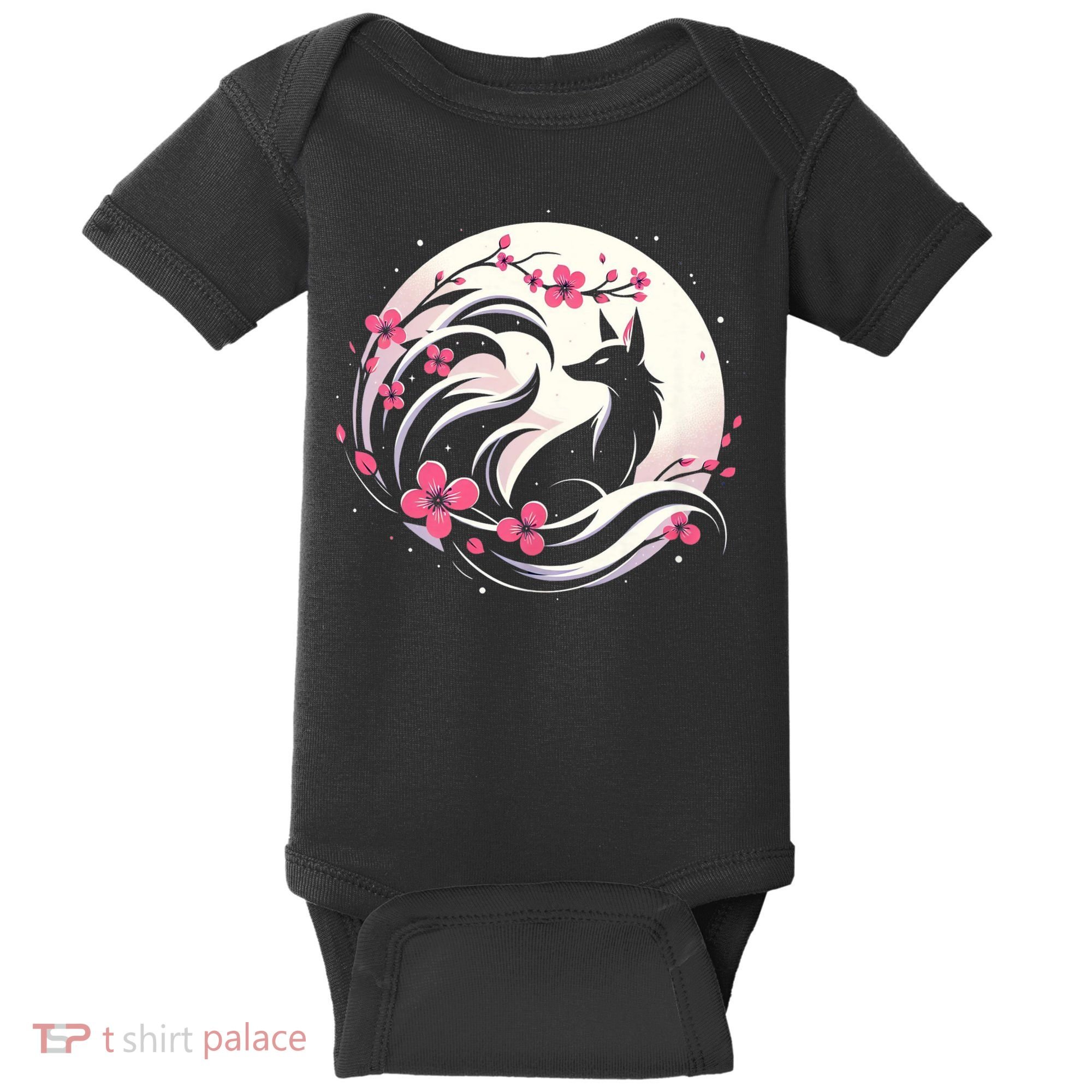 Kitsune Fox Cherry Blossom Flowers Japanese Nine Tailed Fox Baby Bodysuit