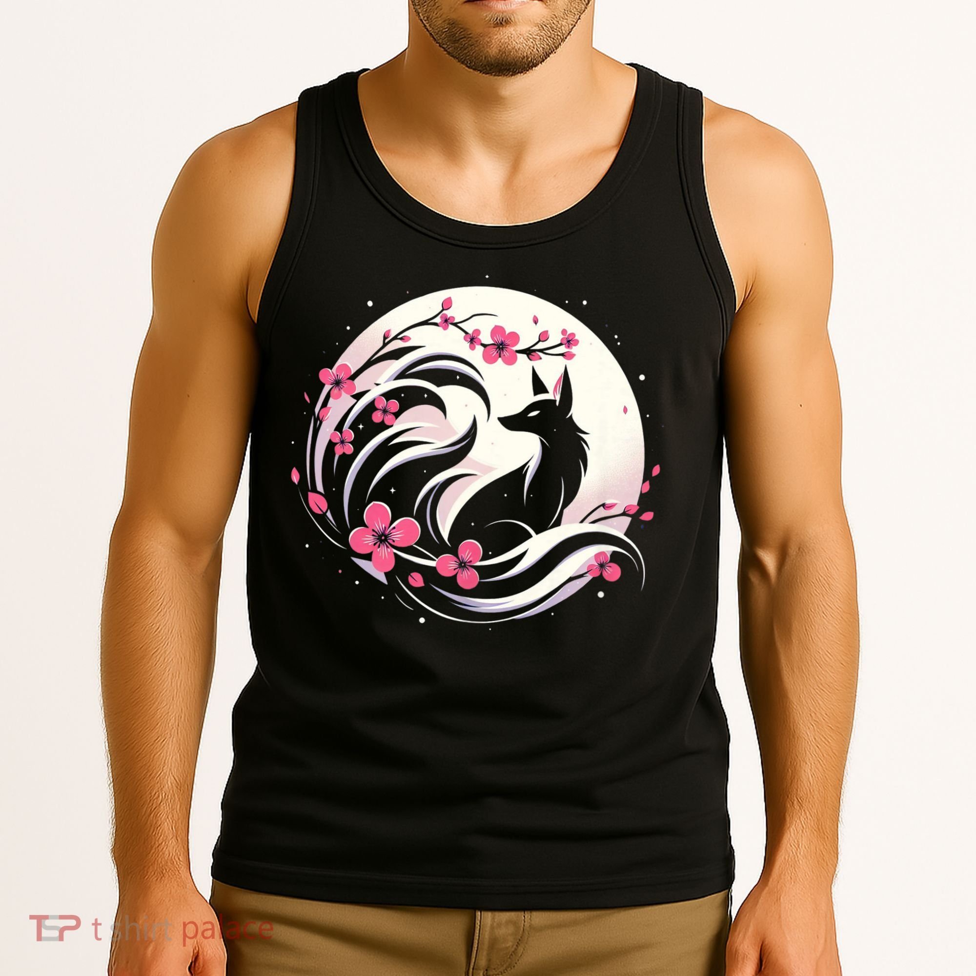 Kitsune Fox Cherry Blossom Flowers Japanese Nine Tailed Fox Tank Top