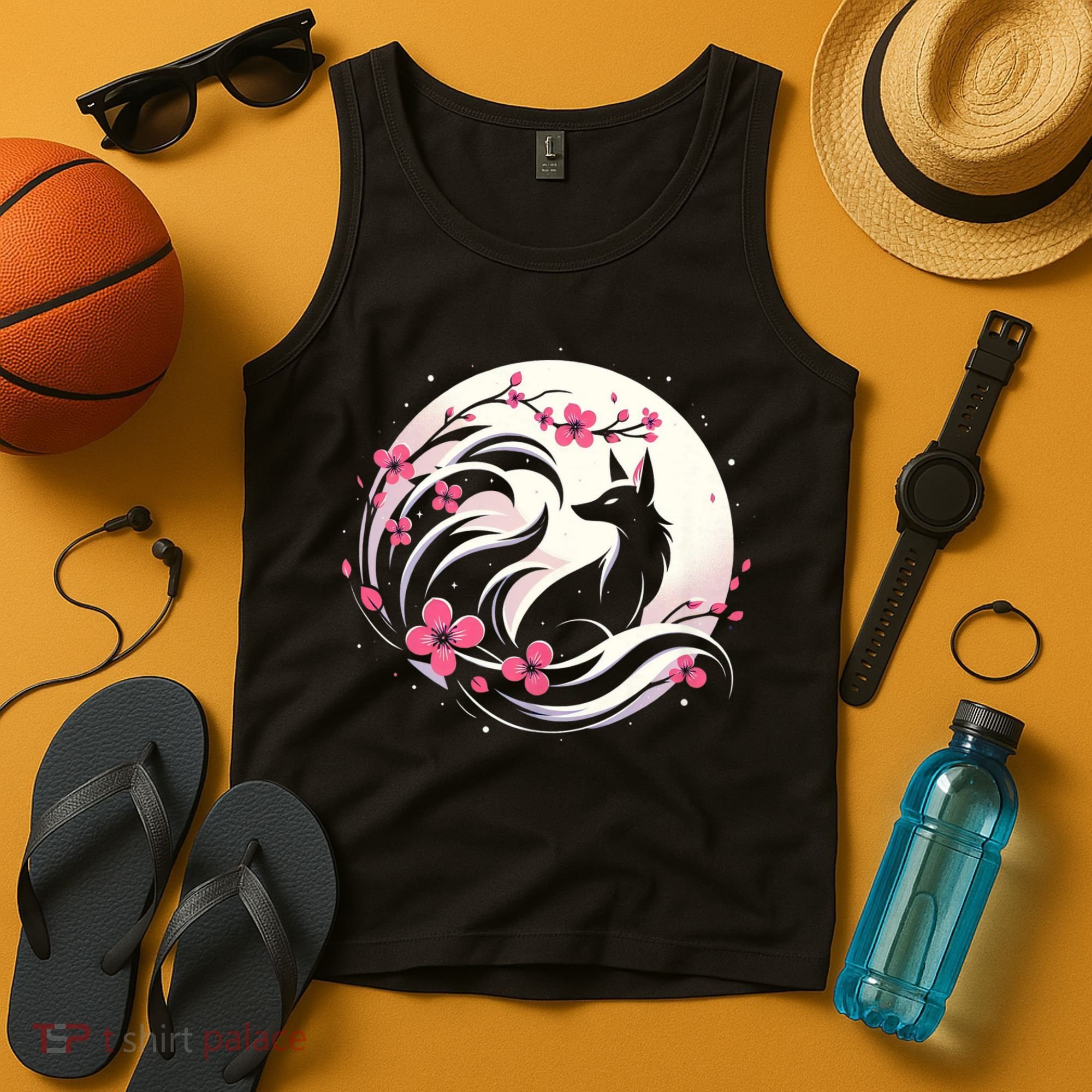 Kitsune Fox Cherry Blossom Flowers Japanese Nine Tailed Fox Tank Top