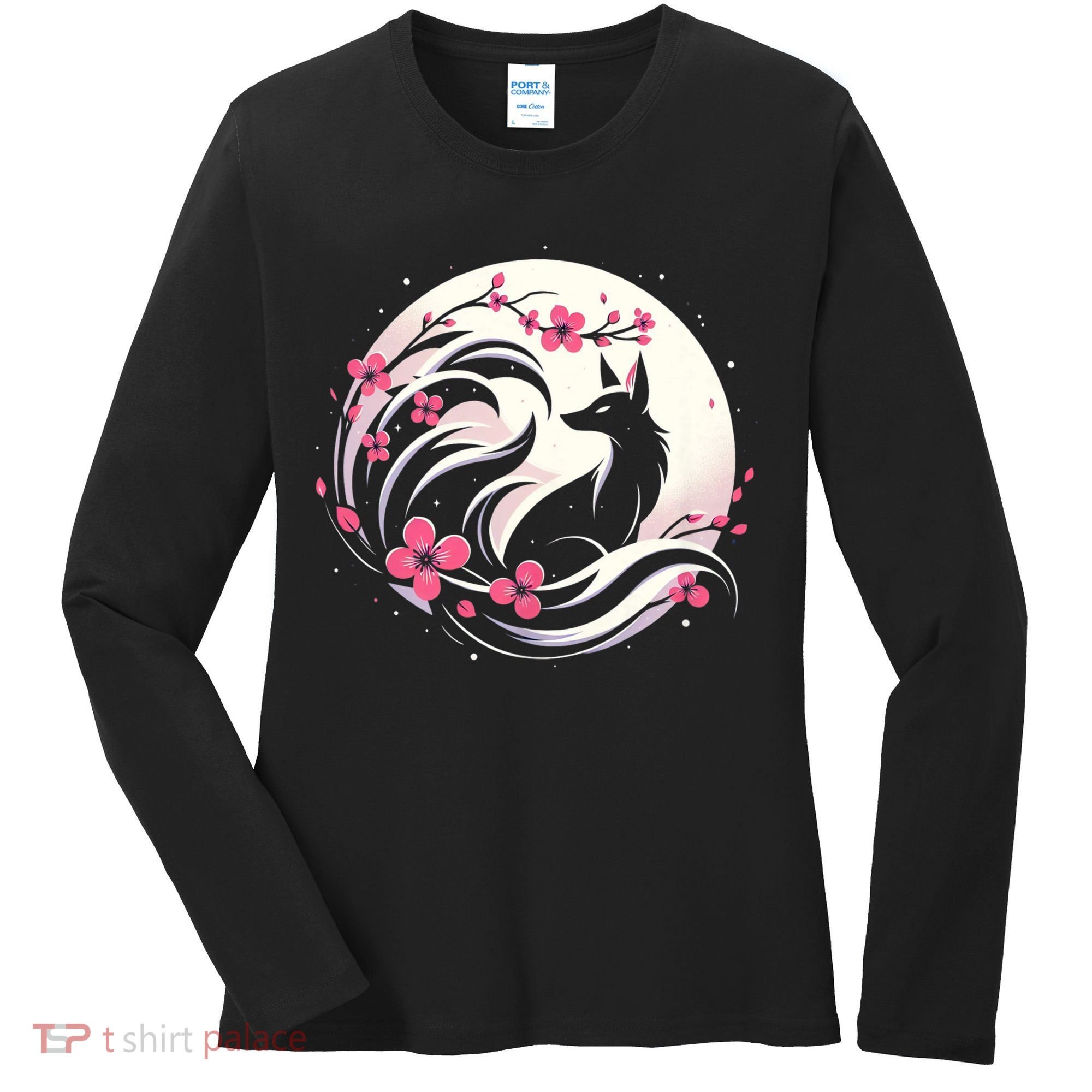 Kitsune Fox Cherry Blossom Flowers Japanese Nine Tailed Fox Women's Long Sleeve Shirt