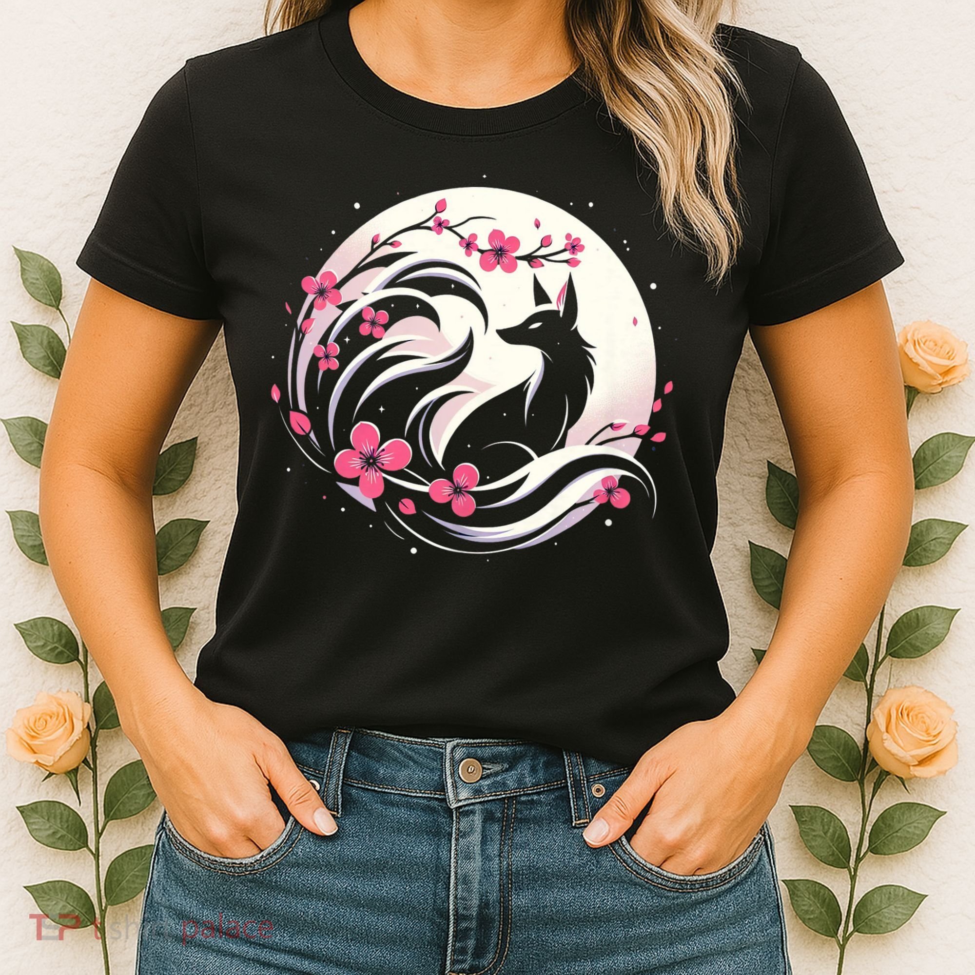 Kitsune Fox Cherry Blossom Flowers Japanese Nine Tailed Fox Women's T-Shirt