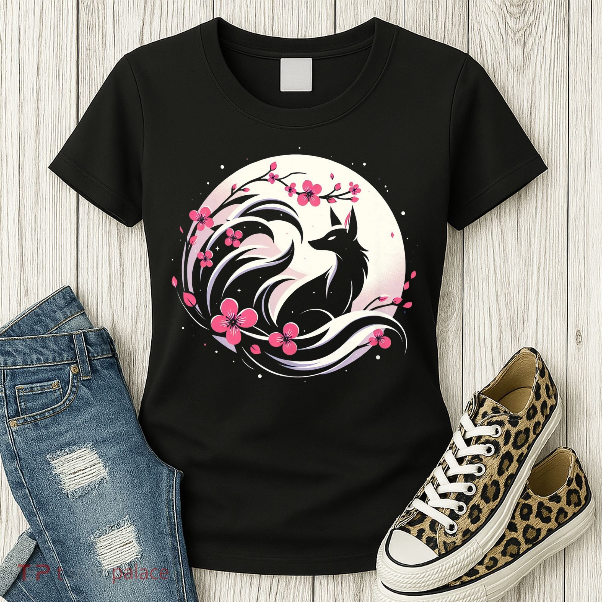 Kitsune Fox Cherry Blossom Flowers Japanese Nine Tailed Fox Women's T-Shirt