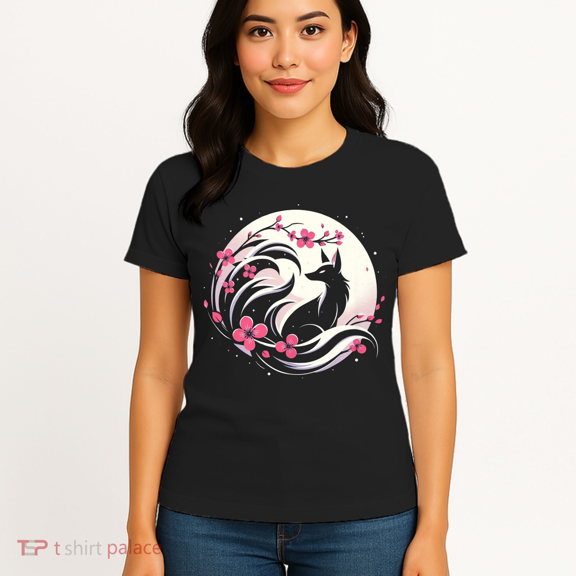 Kitsune Fox Cherry Blossom Flowers Japanese Nine Tailed Fox Women's T-Shirt