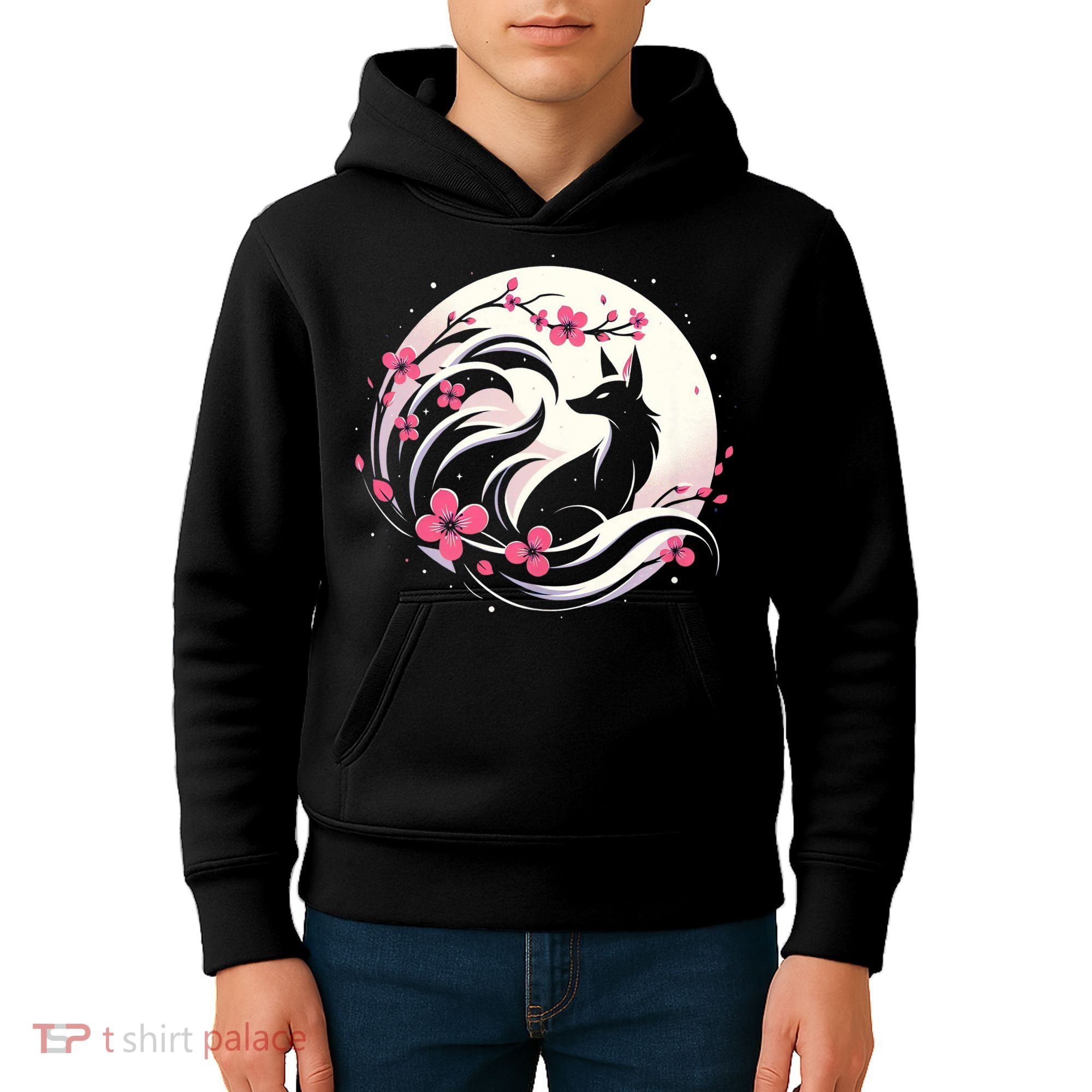 Kitsune Fox Cherry Blossom Flowers Japanese Nine Tailed Fox Kids Hoodie