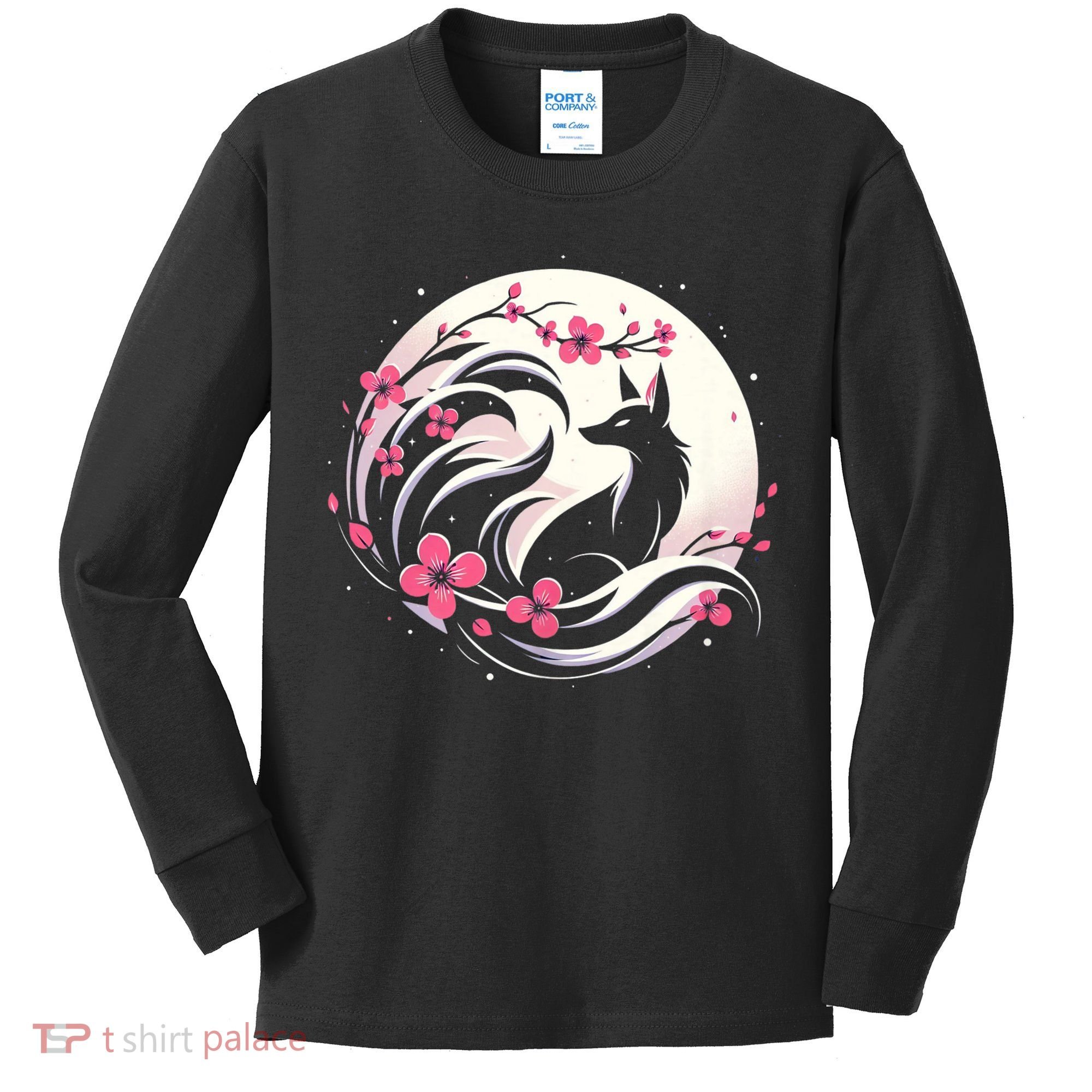 Kitsune Fox Cherry Blossom Flowers Japanese Nine Tailed Fox Kids Long Sleeve Shirt