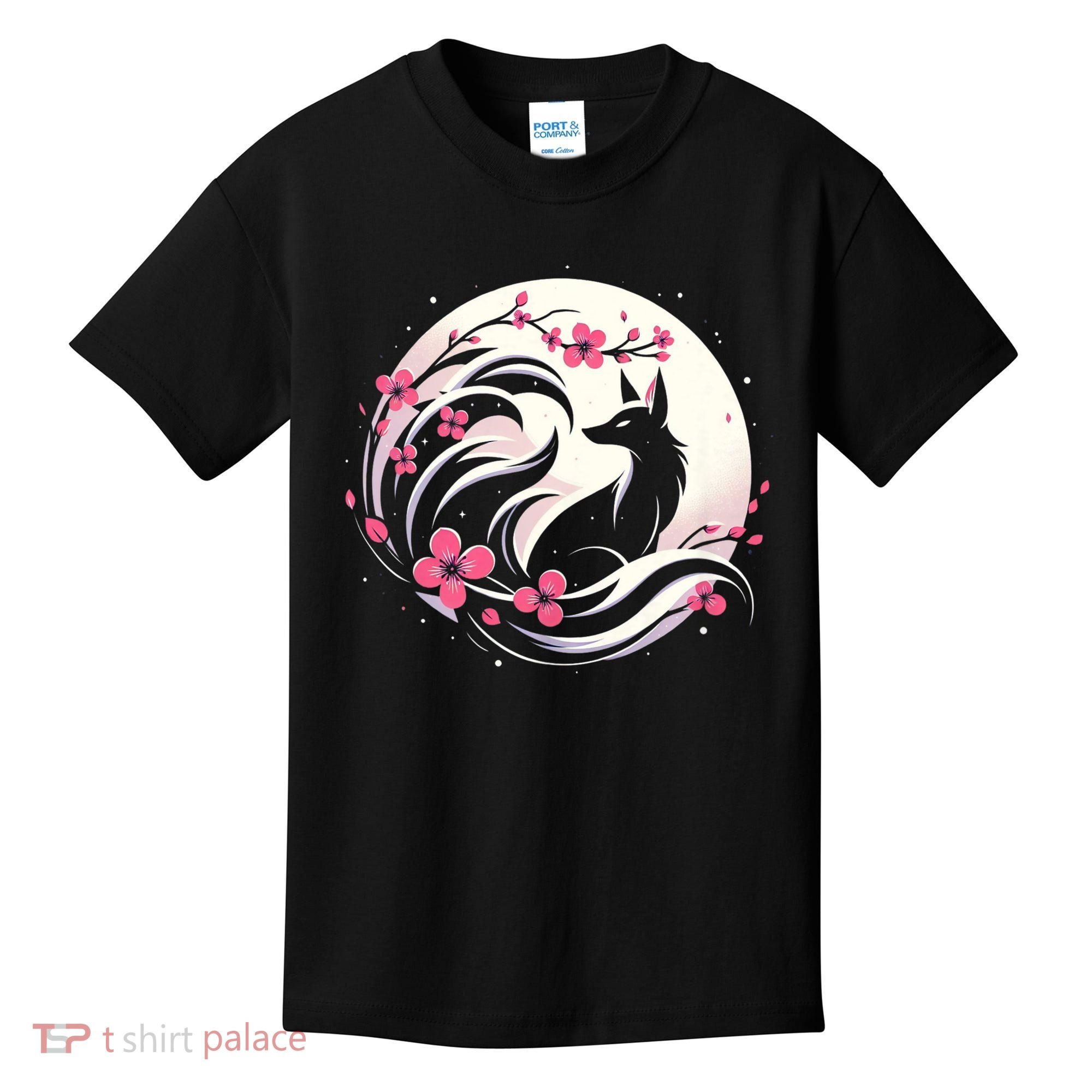 Kitsune Fox Cherry Blossom Flowers Japanese Nine Tailed Fox Kids T-Shirt