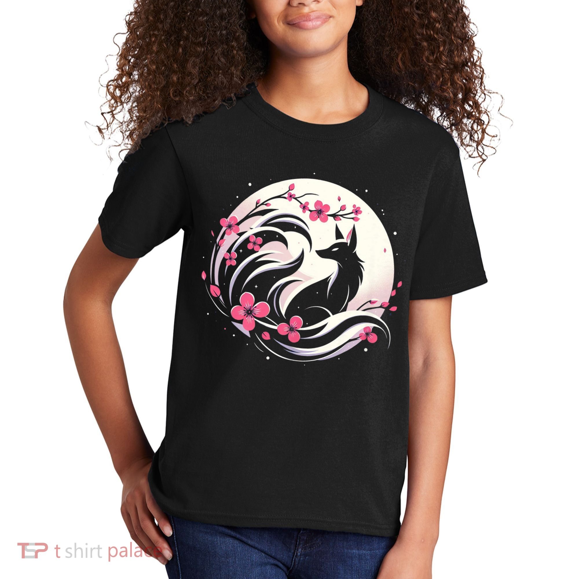 Kitsune Fox Cherry Blossom Flowers Japanese Nine Tailed Fox Kids T-Shirt
