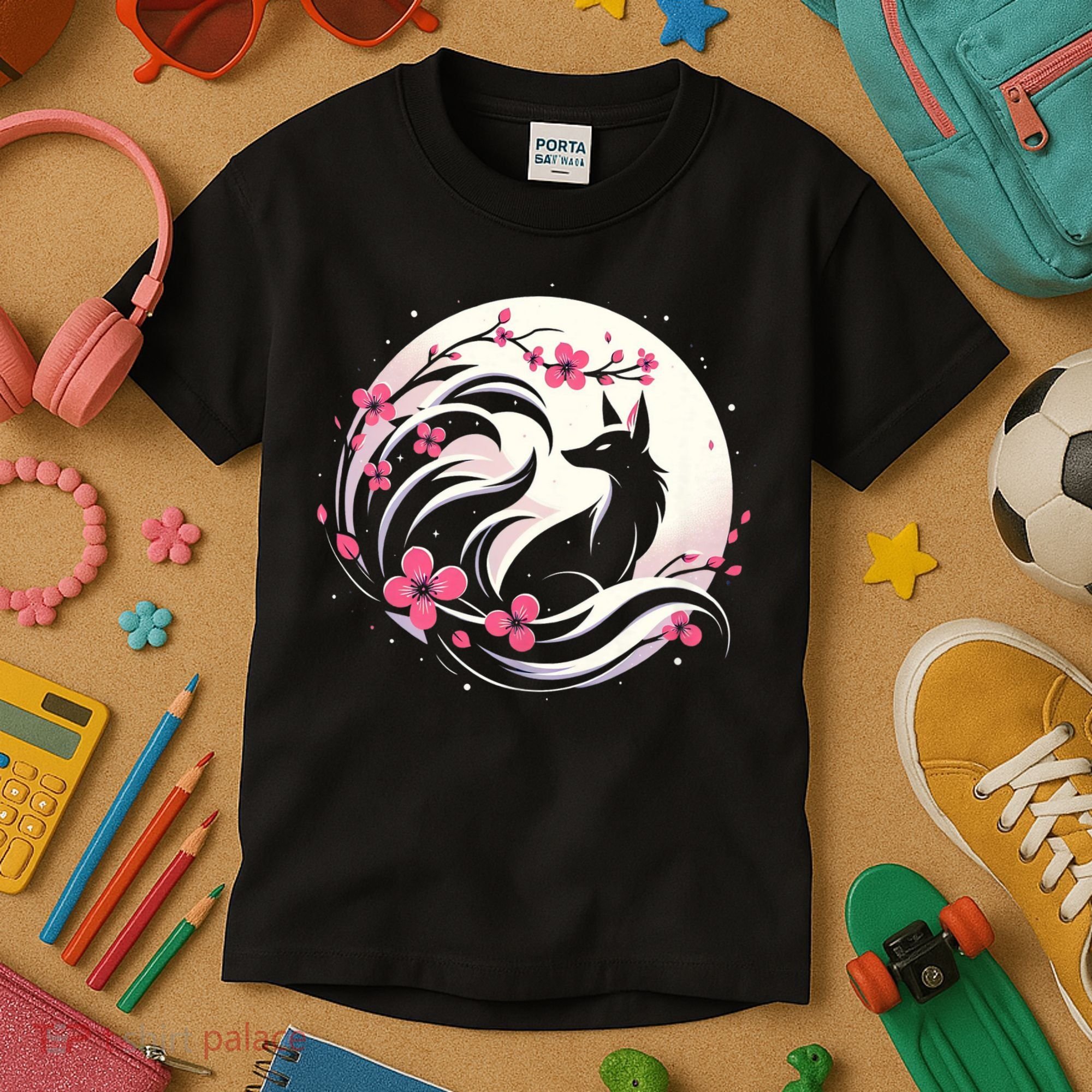 Kitsune Fox Cherry Blossom Flowers Japanese Nine Tailed Fox Kids T-Shirt