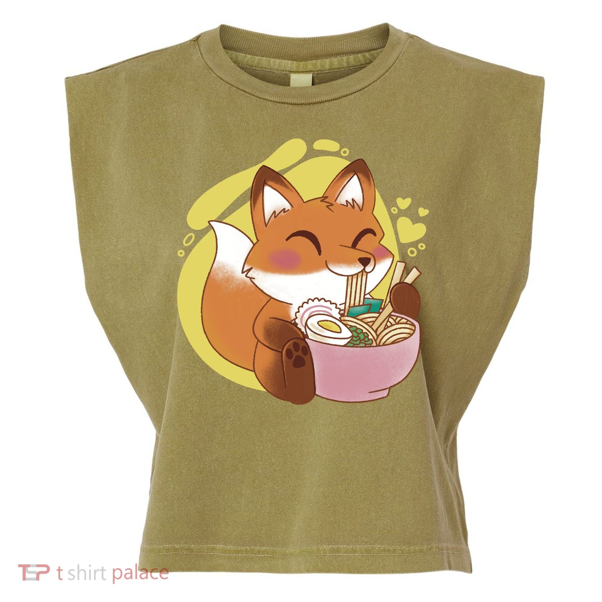 Kawaii Fox Eating Ramen Garment-Dyed Women's Muscle Tee
