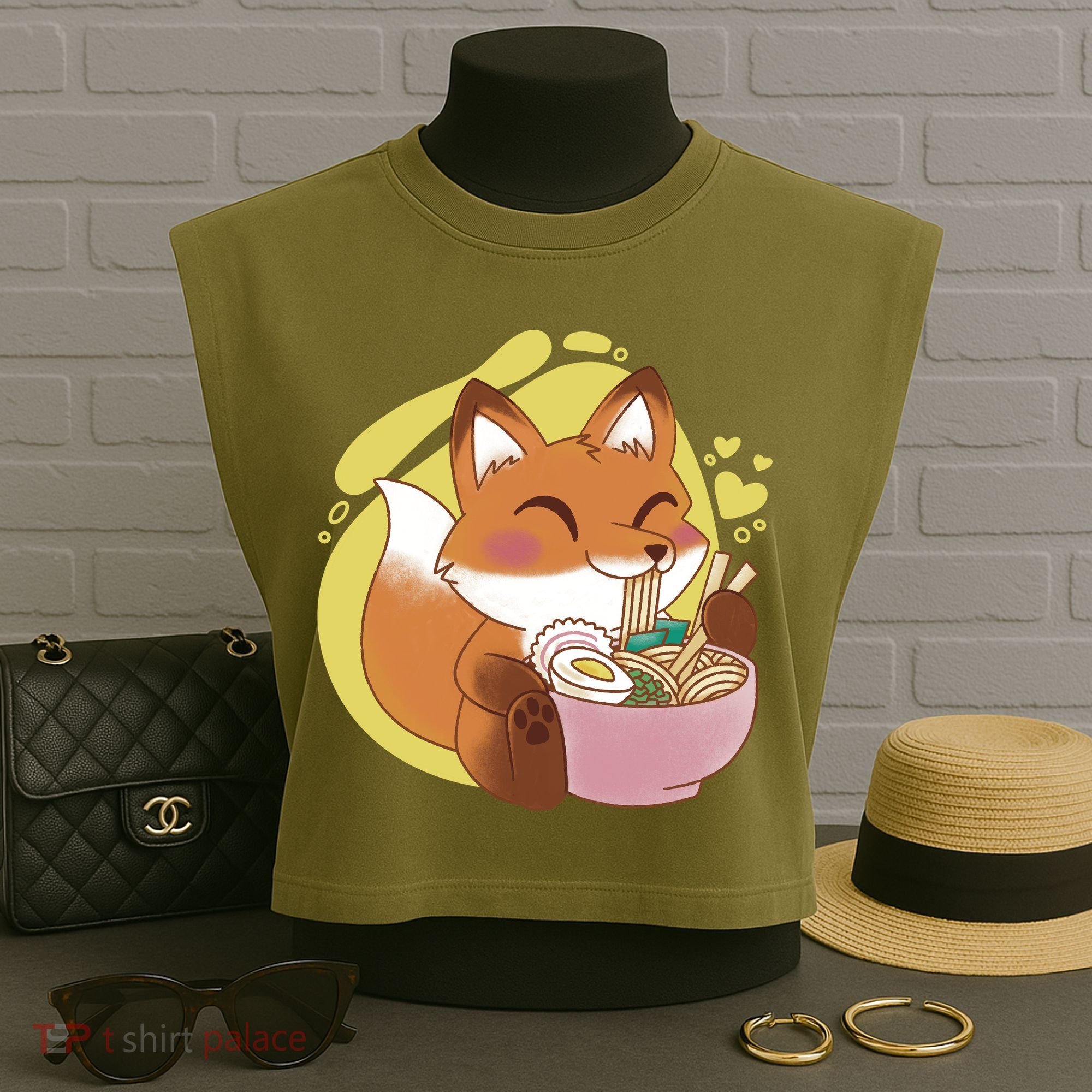 Kawaii Fox Eating Ramen Garment-Dyed Women's Muscle Tee